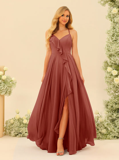 Robe de Demoiselle d'Honneur Longue à Bretelles Spaghetti et Col En V Coupe A-Line/Princess avec Fente Sur Le Côté et Volants