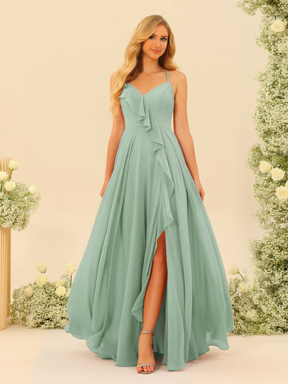 Robe de Demoiselle d'Honneur Longue à Bretelles Spaghetti et Col En V Coupe A-Line/Princess avec Fente Sur Le Côté et Volants