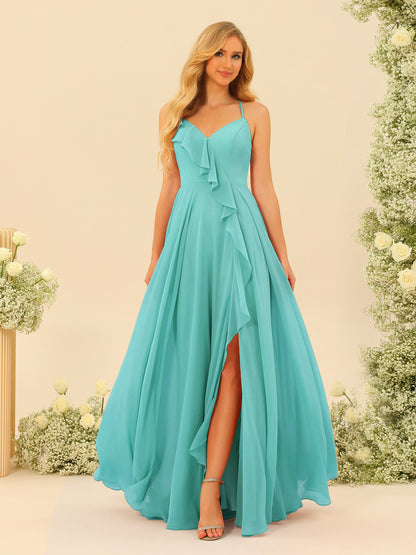 Robe de Demoiselle d'Honneur Longue à Bretelles Spaghetti et Col En V Coupe A-Line/Princess avec Fente Sur Le Côté et Volants