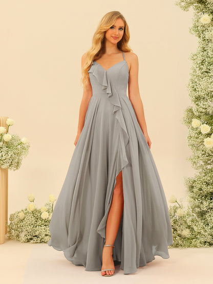 Robe de Demoiselle d'Honneur Longue à Bretelles Spaghetti et Col En V Coupe A-Line/Princess avec Fente Sur Le Côté et Volants