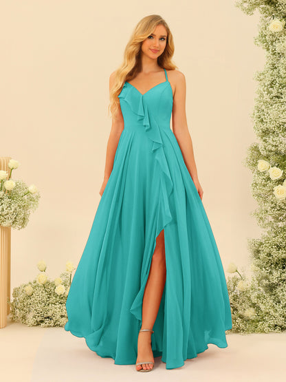 Robe de Demoiselle d'Honneur Longue à Bretelles Spaghetti et Col En V Coupe A-Line/Princess avec Fente Sur Le Côté et Volants