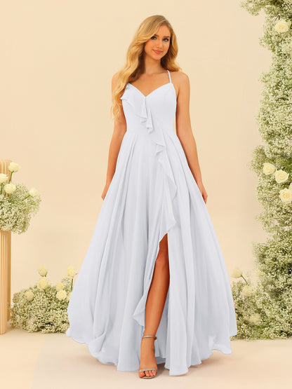 Robe de Demoiselle d'Honneur Longue à Bretelles Spaghetti et Col En V Coupe A-Line/Princess avec Fente Sur Le Côté et Volants