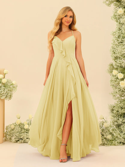 Robe de Demoiselle d'Honneur Longue à Bretelles Spaghetti et Col En V Coupe A-Line/Princess avec Fente Sur Le Côté et Volants