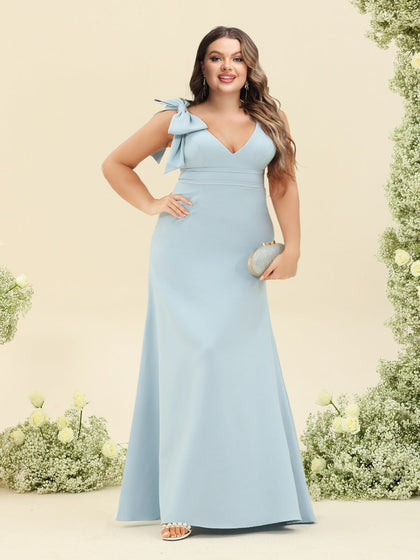 Robe de Demoiselled'Honneur Grande Taille, Coupe Fourreau/Colonne, Col en V, Sans Manches, Longueur au Sol avec Nœud Papillon