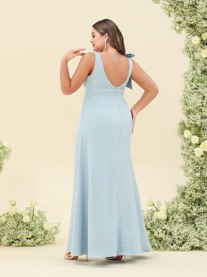 Robe de Demoiselled'Honneur Grande Taille, Coupe Fourreau/Colonne, Col en V, Sans Manches, Longueur au Sol avec Nœud Papillon