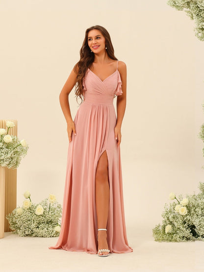 Robe de Demoiselle d'Honneur Longue Froncée à Bretelles Spaghetti Coupe A-Line/Princesse avec Fente Sur Le Côté