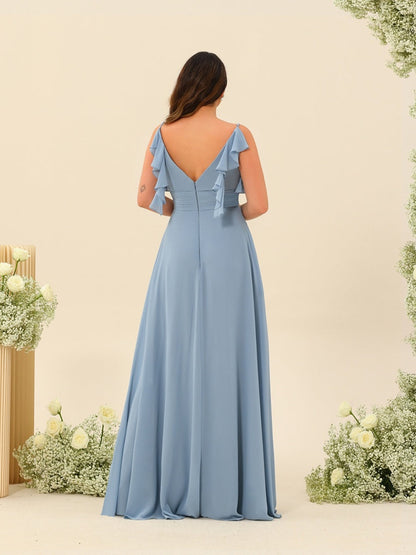 Robe de Demoiselle d'Honneur Longue Froncée à Bretelles Spaghetti A-Line/Princess avec Fente Sur Le Côté