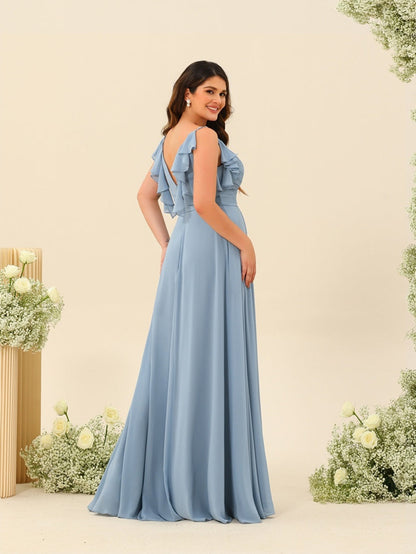Robe de Demoiselle d'Honneur Longue Froncée à Bretelles Spaghetti A-Line/Princess avec Fente Sur Le Côté