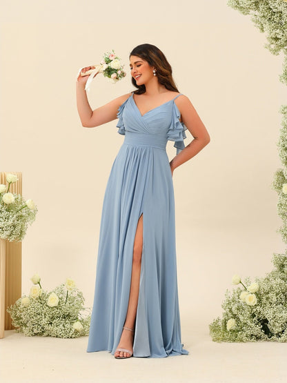 Robe de Demoiselle d'Honneur Longue Froncée à Bretelles Spaghetti A-Line/Princess avec Fente Sur Le Côté