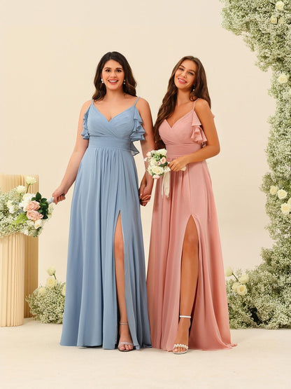 Robe de Demoiselle d'Honneur Longue Froncée à Bretelles Spaghetti A-Line/Princess avec Fente Sur Le Côté