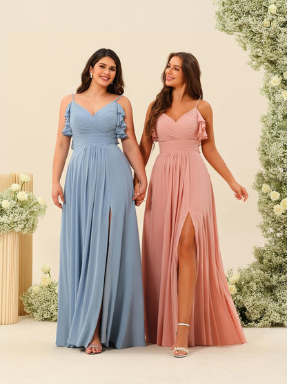 Robe de Demoiselle d'Honneur Longue Froncée à Bretelles Spaghetti A-Line/Princess avec Fente Sur Le Côté