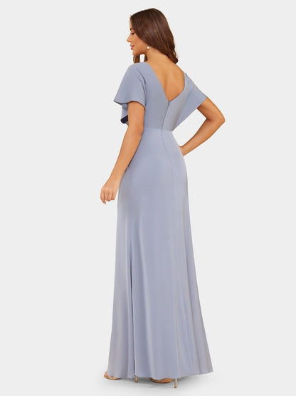 Robe de Soirée Fourreau/Colonne à Col En V et Manches Courtes avec Fronces