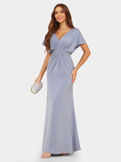 Robe de Soirée Fourreau/Colonne à Col En V et Manches Courtes avec Fronces