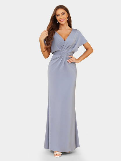 Robe de Soirée Fourreau/Colonne à Col En V et Manches Courtes avec Fronces