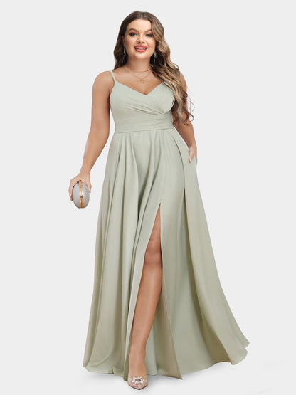 Robe de Soirée Grande Taille Sans Manches, Coupe Trapèze/Princesse, Bretelles Spaghetti et Fronces
