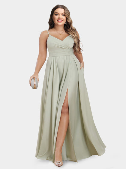 Robe de Soirée Grande Taille Sans Manches, Coupe Trapèze/Princesse, Bretelles Spaghetti et Fronces