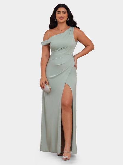 Robe de Soirée Fourreau/Colonne à Une Épaule et Manches Courtes avec Fente Sur Le Côté