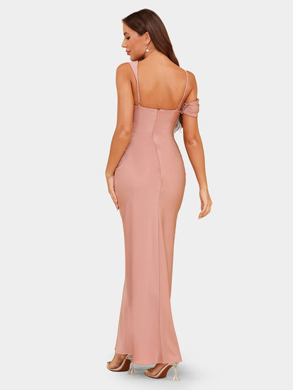 Robe de Soirée Asymétrique à Manches Courtes et à Col Montant avec Fronces