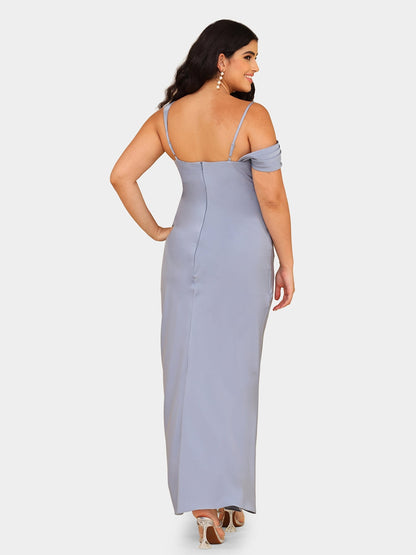 Robe de Soirée Asymétrique à Manches Courtes et à Col Montant avec Fronces