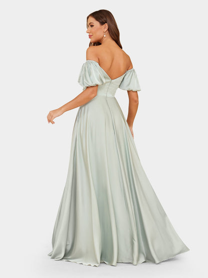 Robe de Soirée Trapèze/Princesse à Manches Bouffantes et Épaules Dénudées avec Fronces