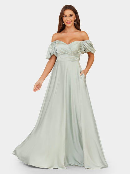 Robe de Soirée Trapèze/Princesse à Manches Bouffantes et Épaules Dénudées avec Fronces
