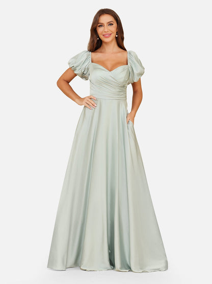 Robe de Soirée Trapèze/Princesse à Manches Bouffantes et Épaules Dénudées avec Fronces