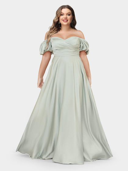 Robe de Soirée Grande Taille, Coupe Trapèze/Princesse, Épaules Dénudées, Manches Bouffantes et Froncée