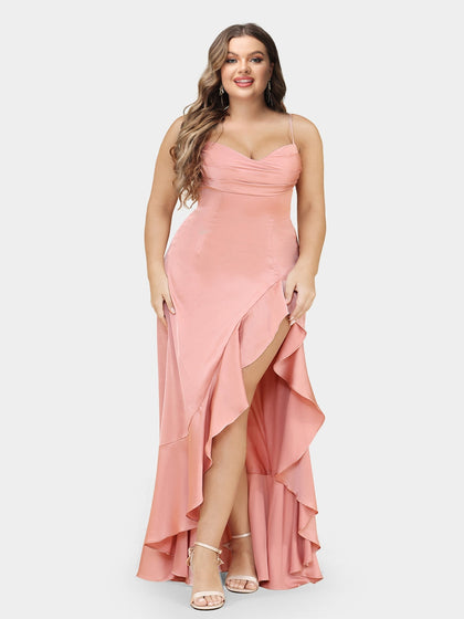Robe de Soirée Grande Taille, Coupe Trapèze/Princesse, Bretelles Spaghetti, Sans Manches avec Volants