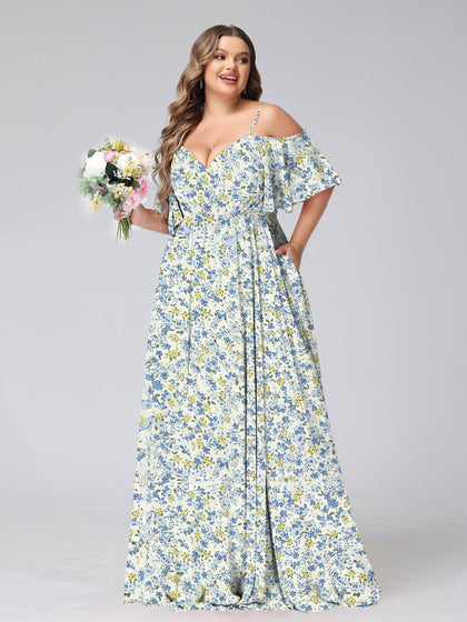 Robe de Demoiselled'Honneur Grande Taille, Coupe Trapèze/Princesse, Épaules Dénudées, Manches Courtes, Froncée, Motif Floral