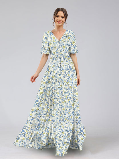 Robes de Demoiselled'Honneur à Fleurs Froncées, Coupe A-Line/Princesse, Col en V, Manches Mi-Longues
