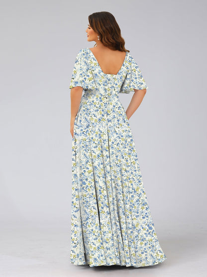 Robes de Demoiselled'Honneur à Fleurs Froncées, Coupe A-Line/Princesse, Col en V, Manches Mi-Longues