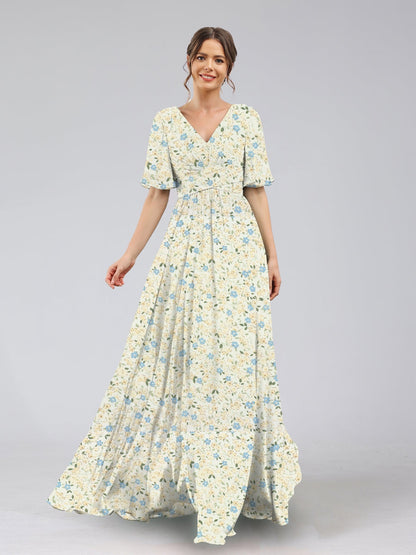 Robes de Demoiselled'Honneur à Fleurs Froncées, Coupe A-Line/Princesse, Col en V, Manches Mi-Longues