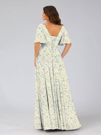 Robes de Demoiselled'Honneur à Fleurs Froncées, Coupe A-Line/Princesse, Col en V, Manches Mi-Longues