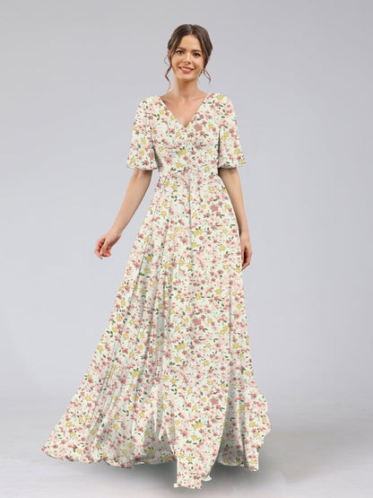 Robes de Demoiselled'Honneur à Fleurs Froncées, Coupe A-Line/Princesse, Col en V, Manches Mi-Longues