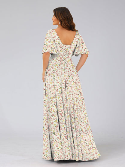 Robes de Demoiselled'Honneur à Fleurs Froncées, Coupe A-Line/Princesse, Col en V, Manches Mi-Longues