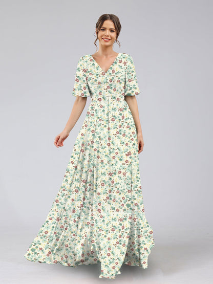 Robes de Demoiselled'Honneur à Fleurs Froncées, Coupe A-Line/Princesse, Col en V, Manches Mi-Longues