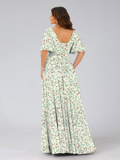 Robes de Demoiselled'Honneur à Fleurs Froncées, Coupe A-Line/Princesse, Col en V, Manches Mi-Longues