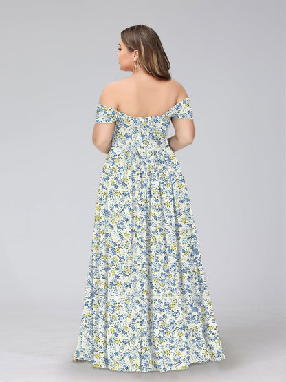 Robe de Demoiselled'Honneur Grande Taille, Coupe Trapèze/Princesse, Épaules Dénudées, Manches Courtes, Fendue Sur le Côté