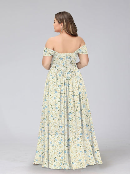 Robe de Demoiselled'Honneur Grande Taille, Coupe Trapèze/Princesse, Épaules Dénudées, Manches Courtes, Fendue Sur le Côté