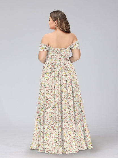Robe de Demoiselled'Honneur Grande Taille, Coupe Trapèze/Princesse, Épaules Dénudées, Manches Courtes, Fendue Sur le Côté