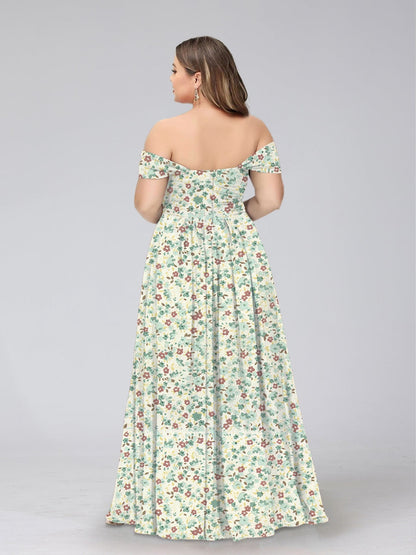 Robe de Demoiselled'Honneur Grande Taille, Coupe Trapèze/Princesse, Épaules Dénudées, Manches Courtes, Fendue Sur le Côté