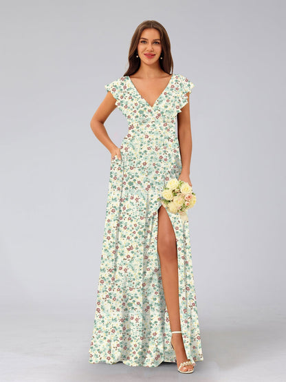 Robe de Demoiselled'Honneur Trapèze/Princesse, Col en V, Sans Manches, Fendue Sur le Côté, Motif Floral