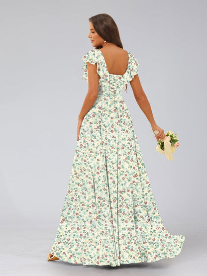Robe de Demoiselled'Honneur Trapèze/Princesse, Col en V, Sans Manches, Fendue Sur le Côté, Motif Floral