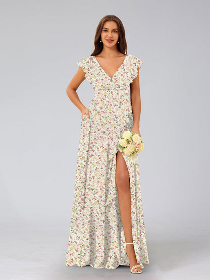 Robe de Demoiselled'Honneur Trapèze/Princesse, Col en V, Sans Manches, Fendue Sur le Côté, Motif Floral