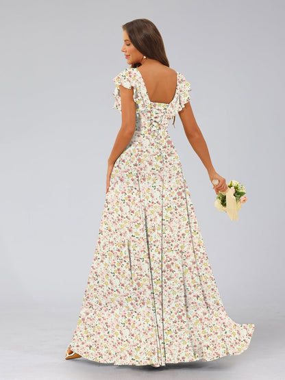 Robe de Demoiselled'Honneur Trapèze/Princesse, Col en V, Sans Manches, Fendue Sur le Côté, Motif Floral