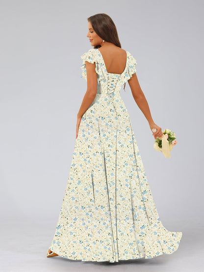 Robe de Demoiselled'Honneur Trapèze/Princesse, Col en V, Sans Manches, Fendue Sur le Côté, Motif Floral