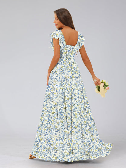 Robe de Demoiselled'Honneur Trapèze/Princesse, Col en V, Sans Manches, Fendue Sur le Côté, Motif Floral