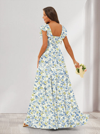 Robe de Demoiselled'Honneur Trapèze/Princesse, Col en V, Sans Manches, Fendue Sur le Côté, Motif Floral