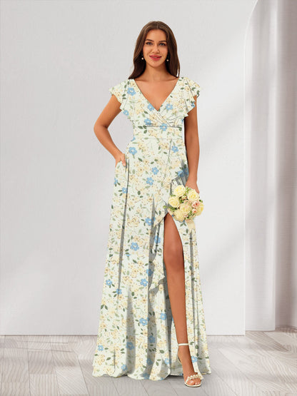 Robe de Demoiselled'Honneur Trapèze/Princesse, Col en V, Sans Manches, Fendue Sur le Côté, Motif Floral