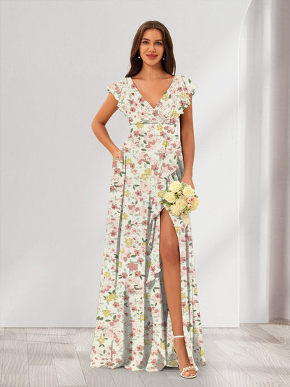 Robe de Demoiselled'Honneur Trapèze/Princesse, Col en V, Sans Manches, Fendue Sur le Côté, Motif Floral